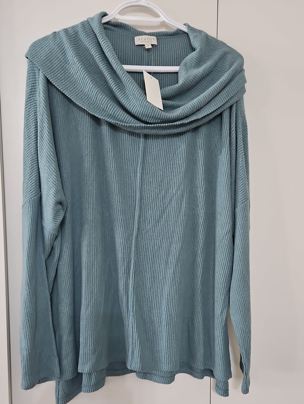 Ribbed Cowl Neck Sweater - Seafoam Blue STATUS BY CHENAULT